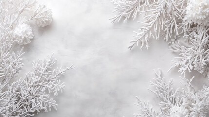 Snow-covered frosted branches on white winter background
