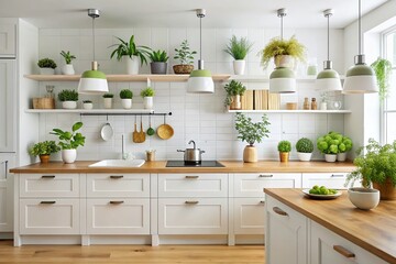 Fototapeta premium Modern Scandinavian Kitchen Silhouette with White Cabinets and Wooden Worktop