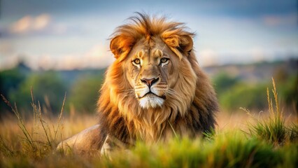 Fototapeta premium Close-up photo of a majestic lion resting in the savannah, lion, wildlife, Africa, safari, feline, predator