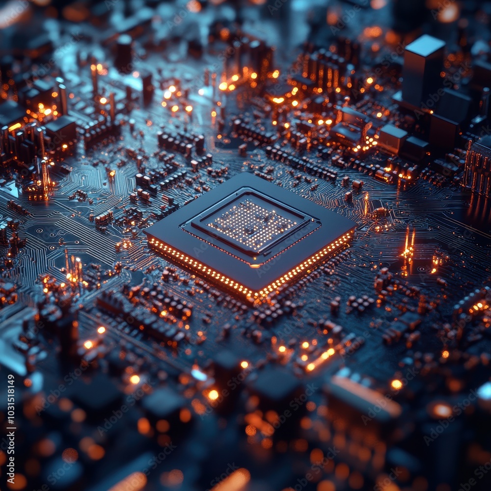 Poster abstract close-up of illuminated cpu chip on circuit board, technology background, 3d rendering