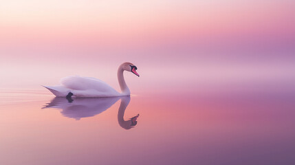 Fototapeta premium A graceful white swan gliding smoothly across the surface of a still lake, its reflection perfectly mirrored in the water. v2
