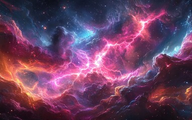 Cosmic Nebula with Lightning and Stars - Abstract Space Background.