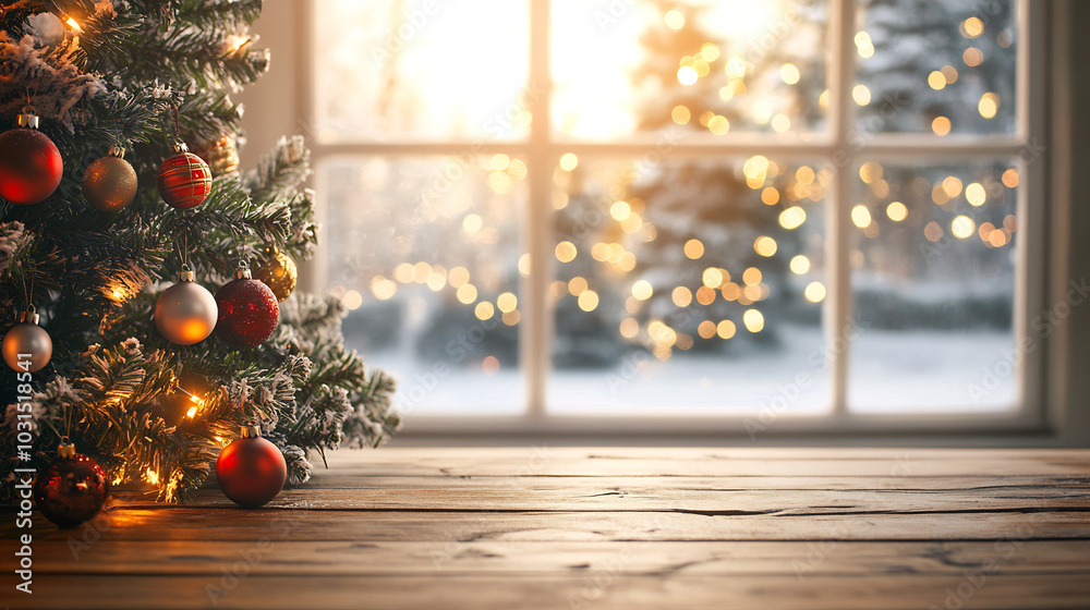 Wall mural Empty wooden table in a cozy room with a decorated Christmas tree in the background, overlooking a snowy winter scene through the window, evoking festive anticipation