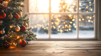 Empty wooden table in a cozy room with a decorated Christmas tree in the background, overlooking a snowy winter scene through the window, evoking festive anticipation