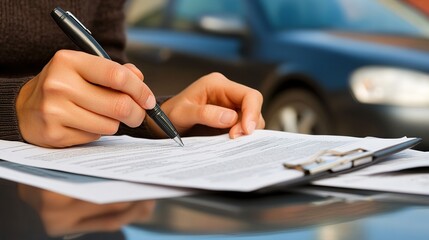 A person signing car loan papers, ready to drive off in their newly purchased car, with finance documents in the foreground