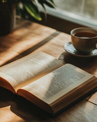 Fototapeta premium Open Book and Cup of Tea on a Wooden Table in Warm Sunlight.