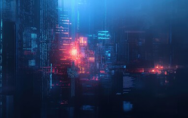 Futuristic Cityscape with Glowing Digital Code and Data Visualization.