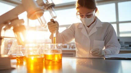 Scientist in lab coat working with beakers, bright laboratory setting.