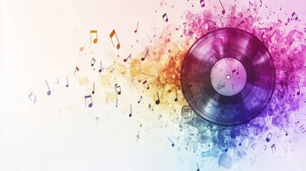 Modern Music Illustration of Vinyl Record Disintegrating into Colorful Particles and Notes on Minimal Background