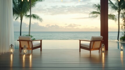 Naklejka premium Serene ocean view from a tropical patio with two wooden chairs at sunset.