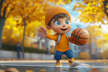 A cheerful child plays basketball in an autumn park filled with colorful leaves.