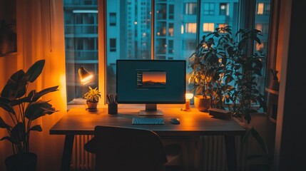 A modern home office desk with a computer, plants, and a lamp. The window behind the desk shows the city skyline.