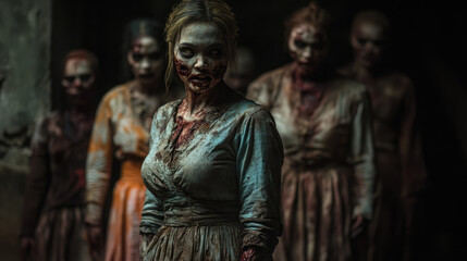 Fototapeta premium A group of women dressed in zombie costumes are standing in a dark room