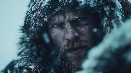 man trekking through a blizzard, wrapped in heavy winter clothing, with frost forming on his beard and fur-lined hood, struggling against the biting cold and deep snow in an arctic environment