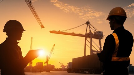 Silhouette of workers at a construction site during sunset.