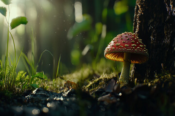 unusual mushroom grows in the forest, photorealistic macro photography