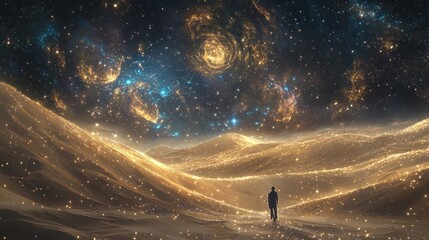Fototapeta premium Surreal Landscape with Person Walking Through a Desert Under a Starry Sky, Abstract Art, Digital Illustration.