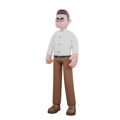 Male Social System 3D Animation. A male sociologist stands with his left hand holding a pencil. Sociologist