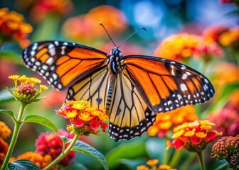 Fototapeta premium Monarch Butterfly on Vibrant Flowers - Nature's Intricate Beauty in Architectural Photography