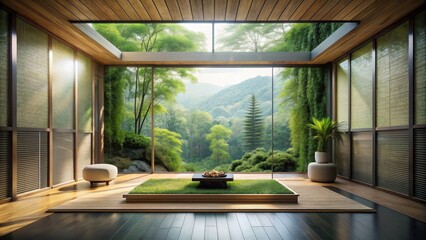 Peaceful meditation spot with modern interior blending seamlessly with majestic nature, peaceful, meditation, spot, modern, interior
