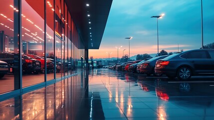 A wide view of a modern car dealership at dusk, with cars lined up outside and lights illuminating the showroom