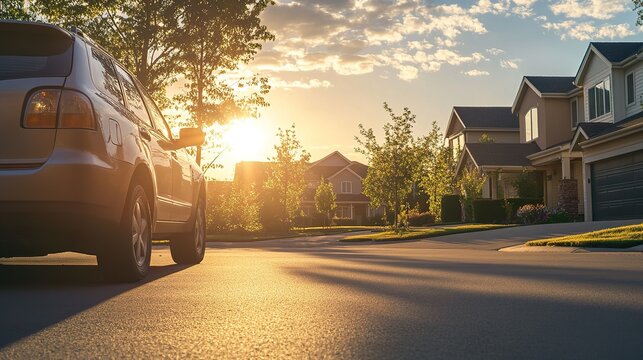 A well-maintained used car parked in front of a home, with the sun setting behind it, representing a reliable second-hand purchase