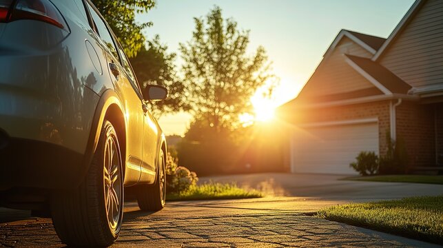 A well-maintained used car parked in front of a home, with the sun setting behind it, representing a reliable second-hand purchase