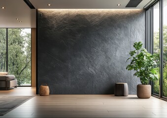 Tranquil modern indoor pool with plants and minimalist decor in a blue room