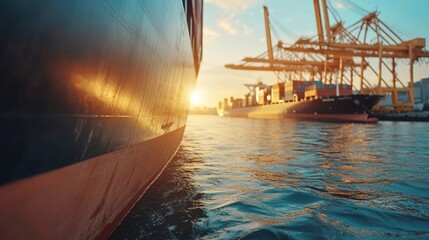Sunset view of a cargo ship and port cranes reflecting on calm waters.