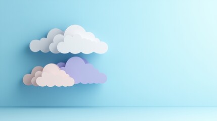 Three colorful paper clouds on a blue wall, creating a playful atmosphere.