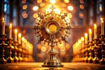 Monstrance Glowing in a Catholic Church with Bokeh Lighting Effects