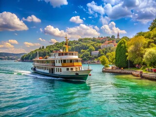 Obraz premium Moored Ferry Boat on Bosphorus: A Sunny Summer Scene in Kurucesme, Istanbul