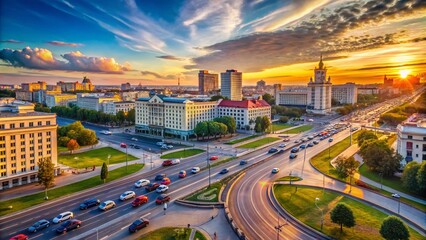 Fototapeta premium Morning Time Minsk City Traffic Rooftop Panorama Timelapse in Belarus