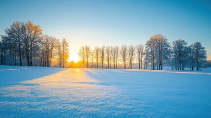 Winter Sunrise Landscape With Snow Covered Field and Trees