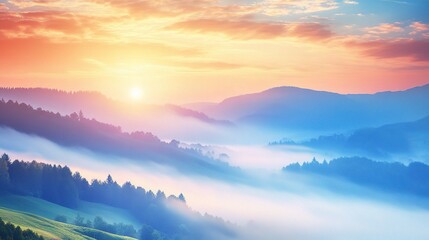 Obraz premium Serene Sunrise Over Misty Mountains Landscape