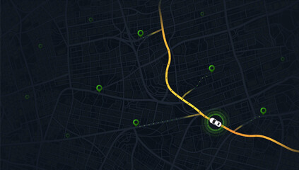 Abstract GPS navigation, smart car location and map pointer. City map featuring directional signs, an intended goal point and multiple markers. Vector illustration with route, alternative paths.
