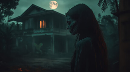 Fototapeta premium A ghostly figure in a medium shot, her face cracked and hollow, standing in front of an ancient Thai-style house, the eerie glow of the moon casting long shadows on the weathered wood.