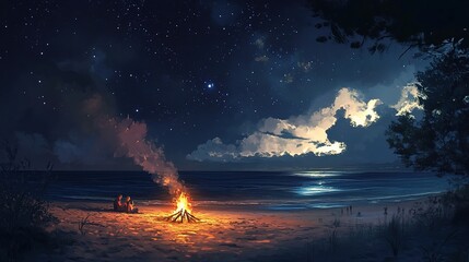 Obraz premium Campfire Under Starry Night by the Beach