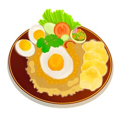 illustration of fried rice with tomato egg and pickles with crackers