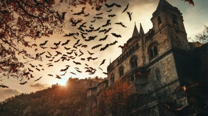Spooky old medieval castle: Ancient eerie castle on mountain, swarm of bats and full moon behind. Halloween, horror, fairytale background concept.	
