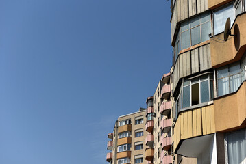 Typical facade of concrete panel building. Post Soviet flat of blocks
