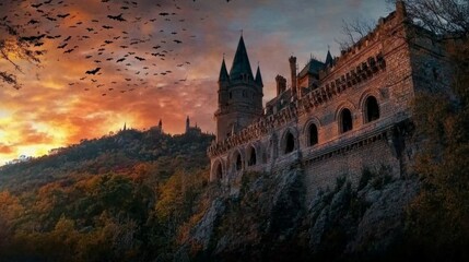Naklejka premium Spooky old medieval castle: Ancient eerie castle on mountain, swarm of bats and full moon behind. Halloween, horror, fairytale background concept. 