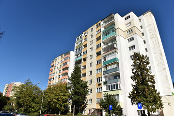 Suburban neighborhood built in communism. Post Soviet concrete flat of blocks