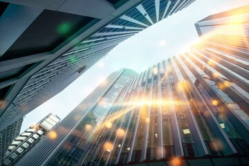 A low angle view of a skyscraper in a city, the sun glinting off the windows.