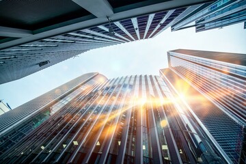 An upward view of modern office buildings in a UK city, with sunlight shining through the glass...