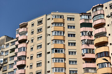 Flat of blocks from Communist period, worn out concrete buildings in Eastern Europe