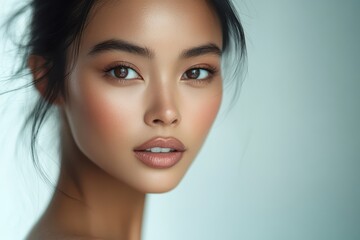 Fototapeta premium Closeup Portrait of a Beautiful Young Woman with Smooth Skin and Long Black Hair.