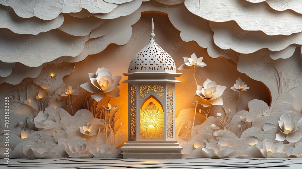 Poster soft and elegant paper cut style design featuring layered geometric patterns surrounding a golden la