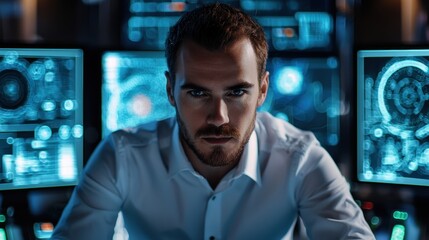 Focused Man in Front of High-Tech Computer Screens