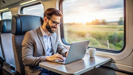 A freelancer sending emails while traveling by train or airplane
